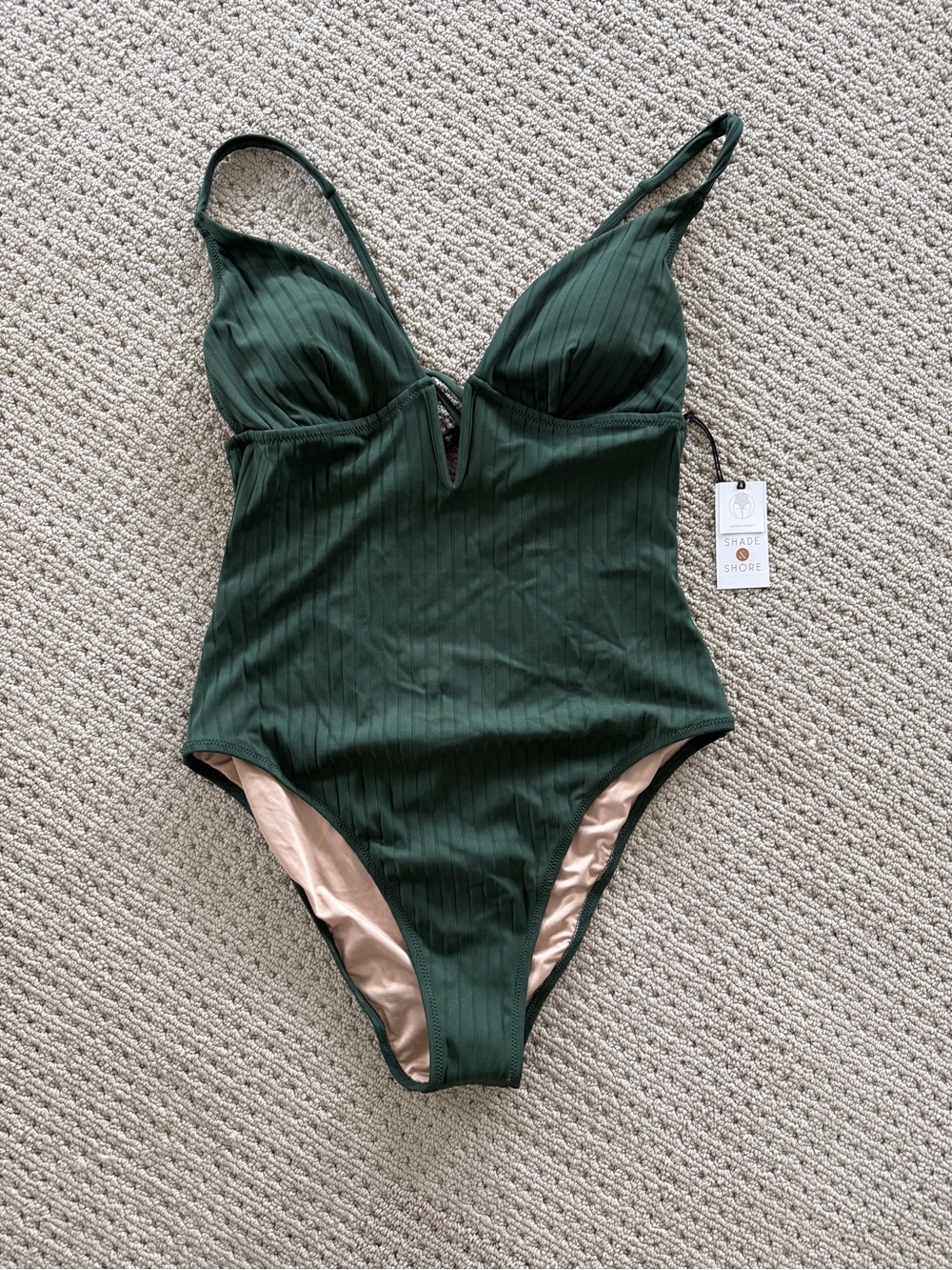 NWT Shade & Shore Deep Green Ribbed One-Piece Swimsuit with V-Notch